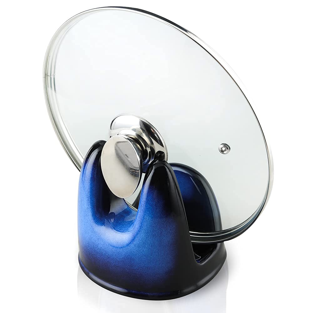 Nihow Ceramic Salt and Pepper Shakers Set & Pot Lid Holder: Heat Resistant & Dishwasher Safe Salt Shaker with Handle & Pan Lid Holder for Kitchen Counter Decor/Countertop - Elegant Black & Blue