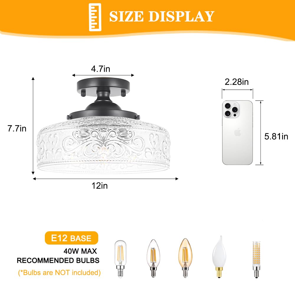 Daunton Semi Flush Mount Ceiling Light Fixture, Vintage Matte Black 3-Light Fixture with Etched Crystal Glass Shade for Kitchen,Hallway, Entryway, Bedroom (No E12 Bulbs Included)