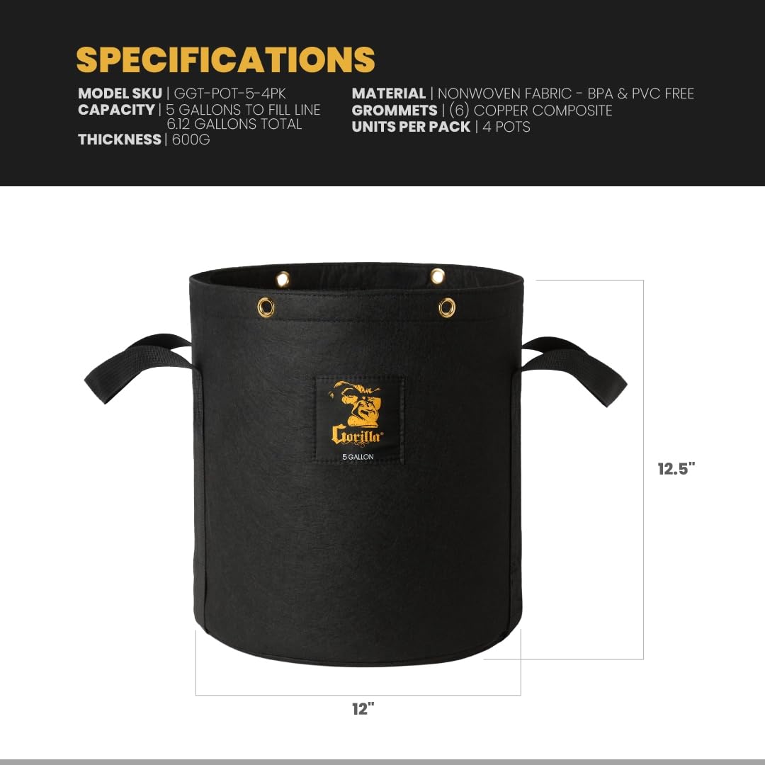 Gorilla 5 Gallon Grow Bags with Reinforced Handles – Thickest 600g, Breathable, BPA-Free Fabric Pot for Garden or Outdoor Planter Use, Promotes Root Health & Drainage – 4-Pack