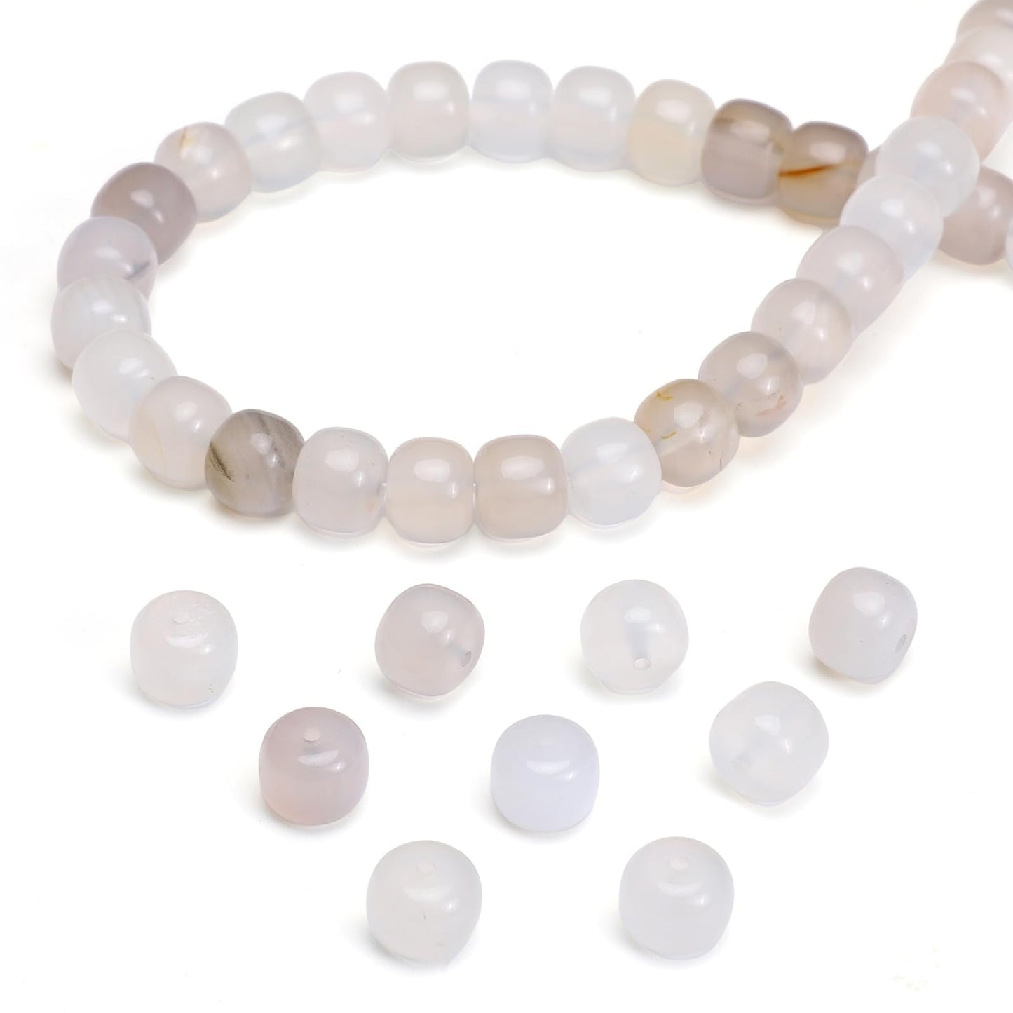 BEADIA Natural White Agate Flat Cut Round Drum Stone 8mmx7mm Loose Semi Gemstone Beads for Jewelry Making 38cm
