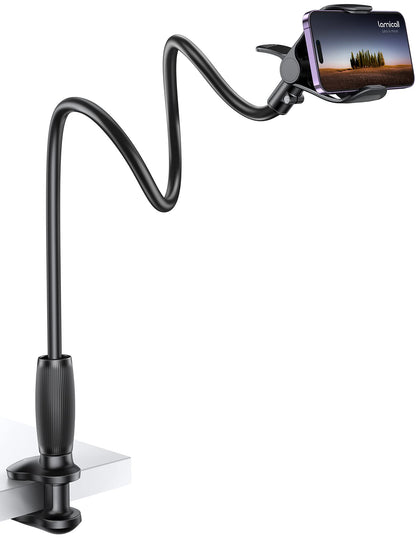 Lamicall Gooseneck Phone Holder for Bed - [Upgraded Stable Clip] for Desk, Headboard, Bed, Bedside, Table, Flexible Gooseneck Long Arm Stand, Overhead Cell Phone Clamp Mount, for All 4-7” Devices
