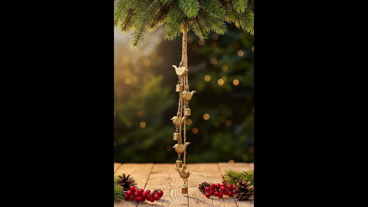 Rustic Gold Birds & Bells Garland with Rope Brass Rustic Handmade Metal Hanging Birds and Bells Cluster for Farmhouse Cow Bell Cluster Christmas, Holiday Garden Decor (5 Bird & 5 Bell String 27")