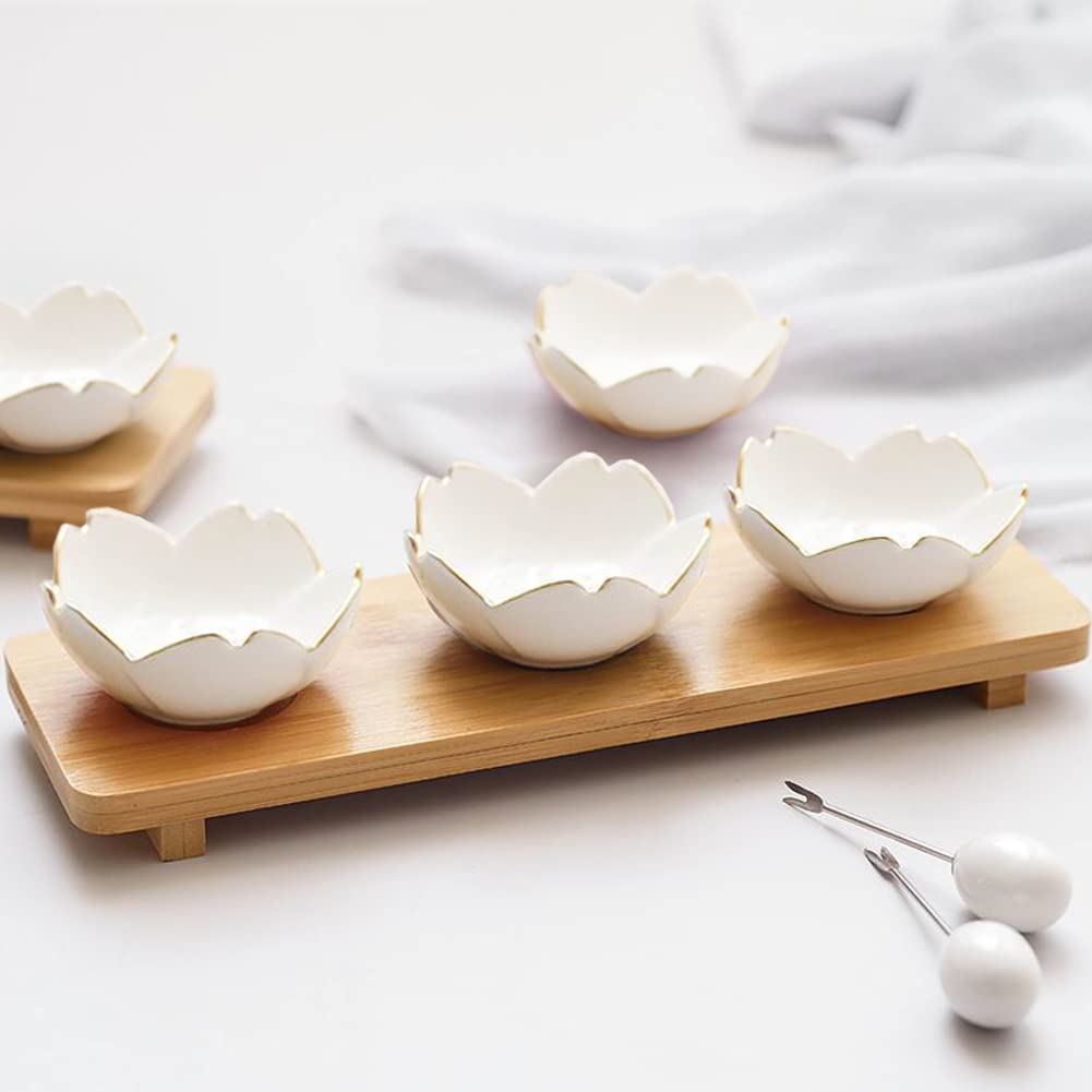 mollensiuer 4Pcs Flower Ceramic Sauce Dish Appetizer Plates Seasoning Dish Serving Dish Condiment Dish Dessert Bowl Sushi Dipping Bowl for Kitchen Home, White