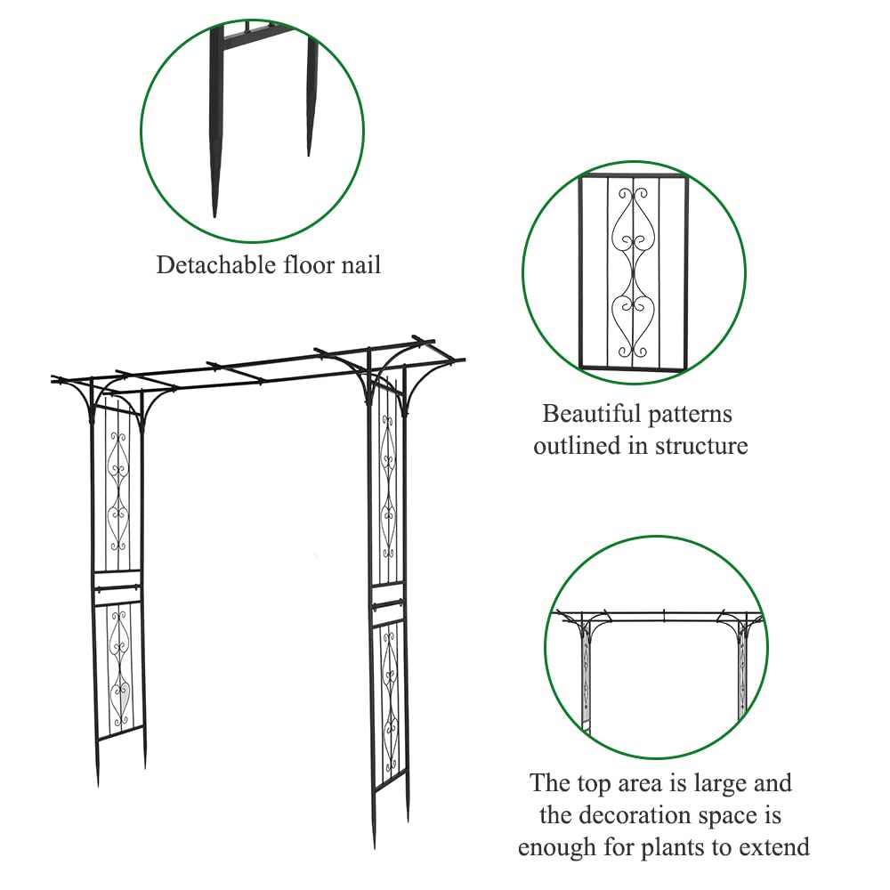 85" Metal Garden Arch Trellis for Climbing Plants, Large Flat Top Iron Arbor for Wedding Events & Backyard, Rustproof Outdoor Flower Support Rack for Roses & Vines, 6.7ft Wide, Black