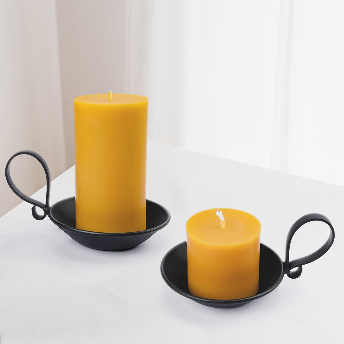 AGLARY Matte Black Iron Pillar Candle Holder, with Handle, Simple Industrial Style ，Table Centerpiece Decoration，with Safety Spike.