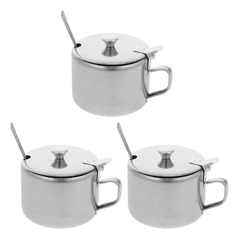 Healvian Stainless Steel Sugar Bowls Set of 3 with Lids and Spoons Multipurpose Kitchen Condiment Containers for Sugar Salt Pepper Spice Storage with Handles 3.93X3.14X2.67 Inches