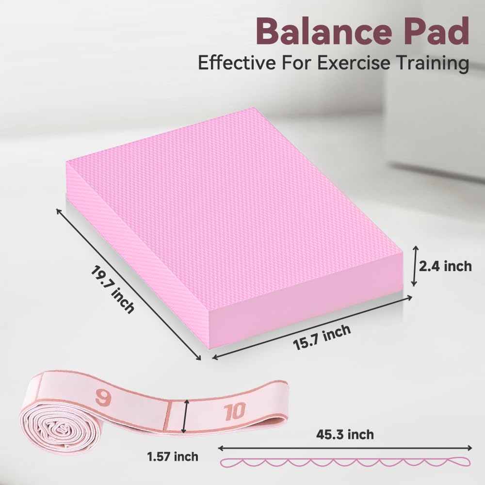 Pulgati Extra Large Yoga Exercise Balance Pad - Thick Non-Slip Stability Cushion for Pilates and Exercise - High Density Foam Trainer for Core Strength Home Gym - Bonus: 10-Position Resistance Band! (Pink, Extra Large)