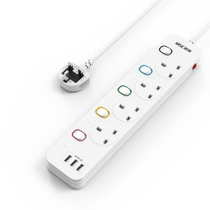 Mscien 3M Extension Lead with USB Slots, 4 Way 3 USB Extension Socket with Individual Switches Mountable Overload Protection Power Strips with 3Metre Extension cable 3250W