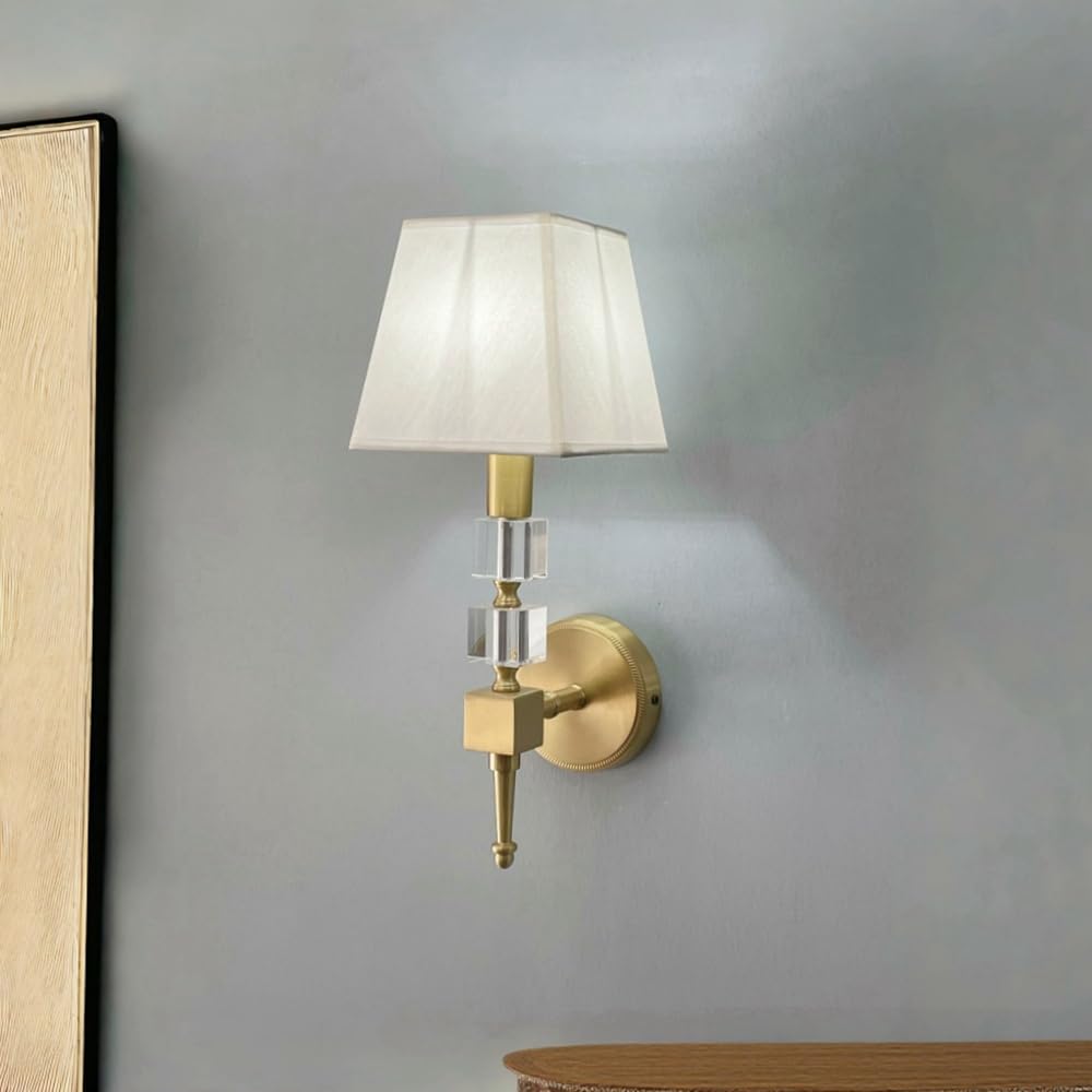 SHINELIGHTAN Brass Cube Crystal Sconce with Fabric Lampshade 1 Light Wall Lighting Modern Wall Mounted Lamp for Living Bedroom Room Light Fixture