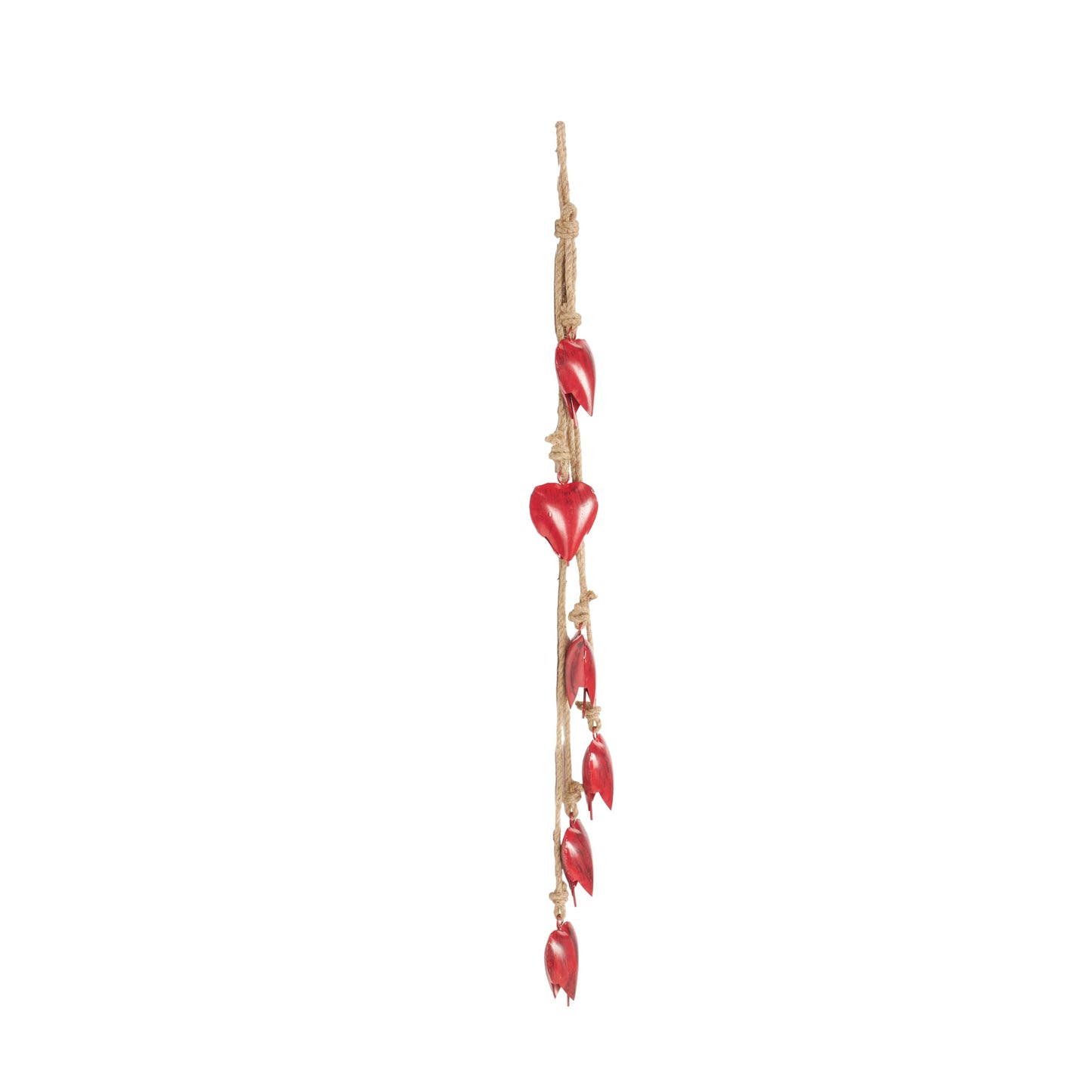 Deco 79 Metal Heart Indoor Outdoor Decorative Cow Bells Tibetan Inspired Meditation Bell with 6 Bells on Jute Hanging Rope, Cow Bell 2.50" x 2.50" x 36.00", Red
