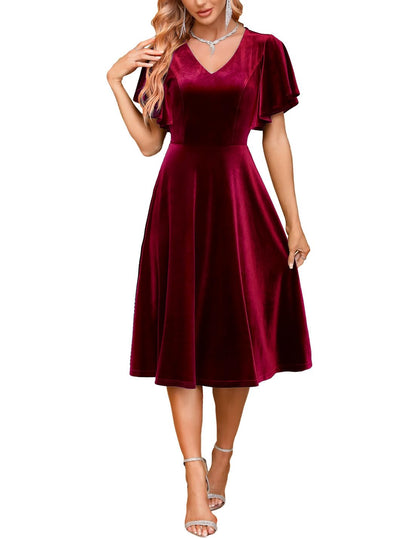 Bridesmay Ruffle Sleeve Semi Formal Tea Party Velvet Dress A-Line Swing Vintage Bridesmaid Cocktail Dress Burgundy XL