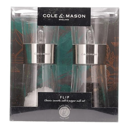 Cole & Mason Flip 180 Chrome Salt and Pepper Mill Set, Adjustable Coarseness, Ceramic Mechanism, Acrylic, 154 mm, Filled Salt and Pepper Grinders
