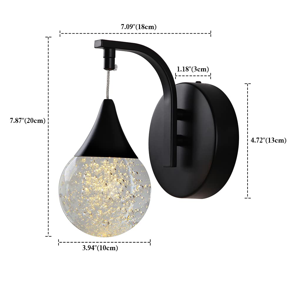 Sedelan Modern Crystal Bubble Wall Sconce, 5W Dimmable LED Wall Light Fixture, 3300K Warm White Indoor Wall Lighting, Matte Black for Bedroom Bedside Living Room Bathroom Hallway