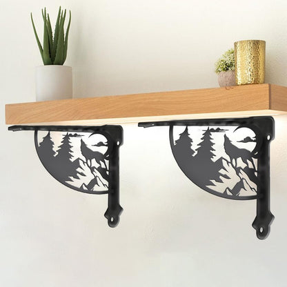 PRESSINART 2Pcs Ornamental Shelf Support Brackets 6.77 x 8.27 x 0.08 Inch Forest Shelf Brackets Black Wolf Tree Iron Wall Mount Ornate Right Angle Rustic Style Holder for Kitchen Bedroom Decoration