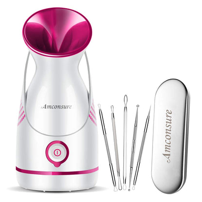 Amconsure Facial Steamer - Nano Ionic Face Steamer Warm Mist Steamer for Home Sauna SPA, Humidifier for Face Steamer for Deep Cleaning Unclogs Pores Sinuses - Bonus 5 Piece Stainless Steel Skin Kit