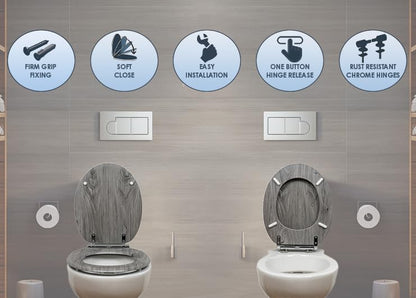 AQUALONA® Luxury Grey Oak Effect Toilet Seat - Soft Close MDF Moulded Wood Seat with Quick Release Button and Durable Hinges - Comfortable, Easy to Clean and Install with Universal Fittings