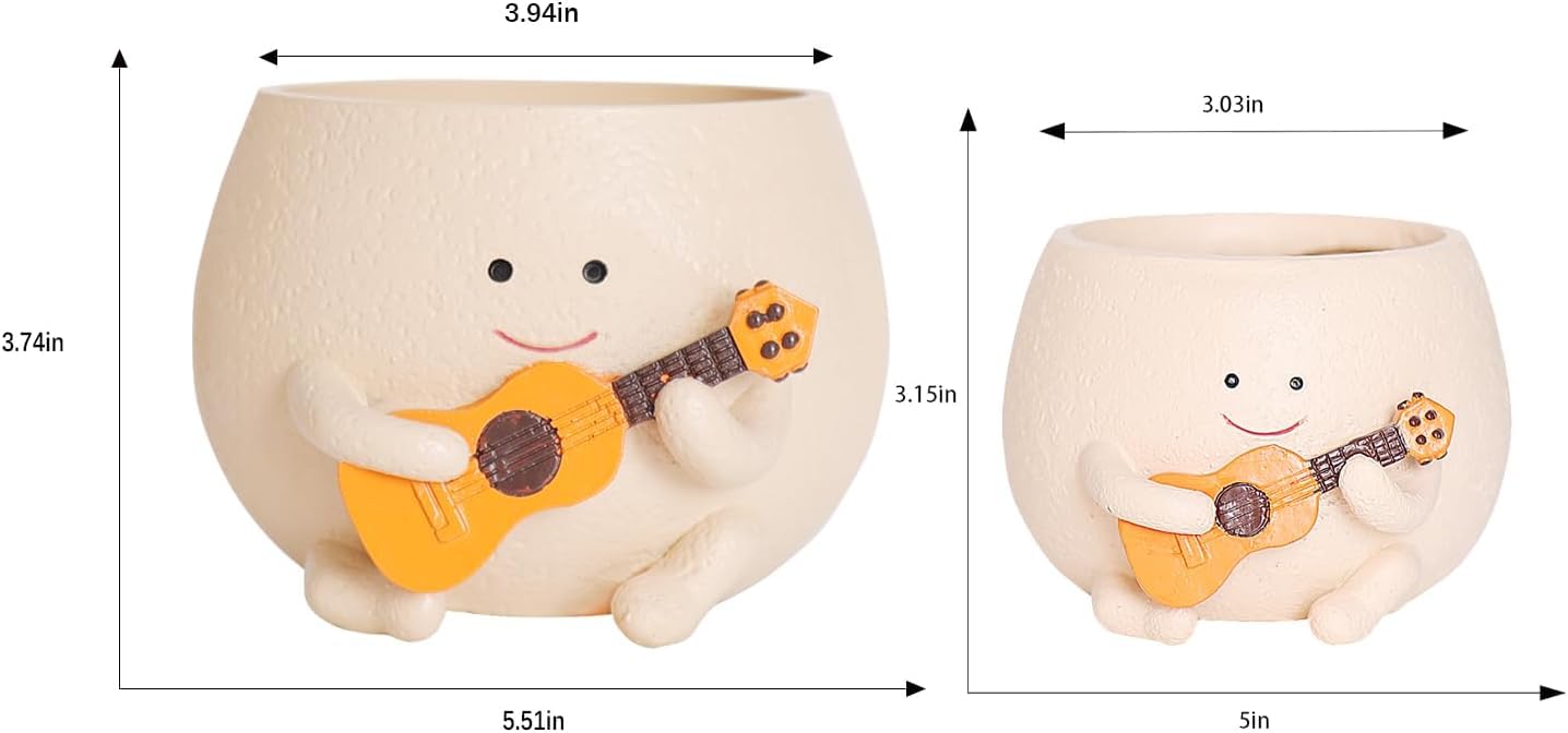 NAISQAQ Smily Face Planter Cute Guitar Plant Pot, Resin Flower Pots for Succulents, String of Pearls, Air Plants Gift for Moms, Plant Lovers, Christmas, Mother’s Day, Birthdays - Large