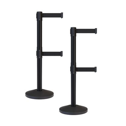 CCW Series RBB-100D - Set of 2 Stanchion Retractable Belt Barriers Dual Belt - Easy to Assemble, No Tools Required (11 Foot Belt, Black Belt with Black Post)