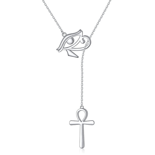 DAOCHONG Long Necklace Sterling Silver Ankh necklace Womens Egyptian Eye of Horus Y Lariat Long Chain Drop Adjustable Necklace Gift for Her, 30"