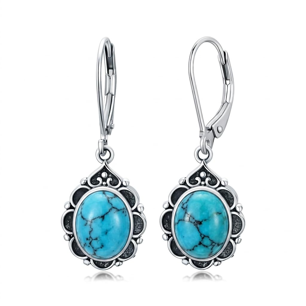 Turquoise Drop Earrings for Women 925 Sterling Silver Vintage Oval 9x7mm Filigree Leverback Dangle Earrings, Gothic Victorian Antique Jewelry Gifts