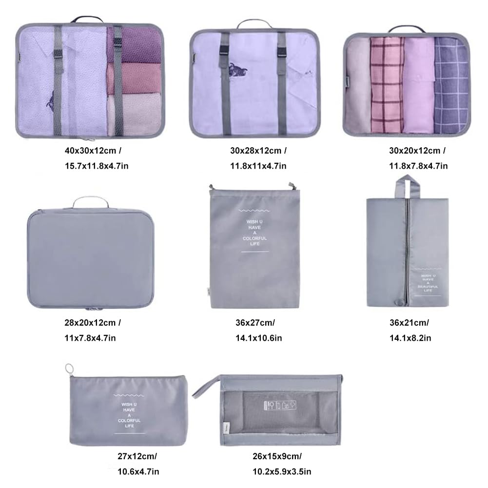 Travel Packing Cubes, Toifucos Multifunction 8pcs/set Luggage Organiser Compression Suitcase Essential Bag, Dark Gray