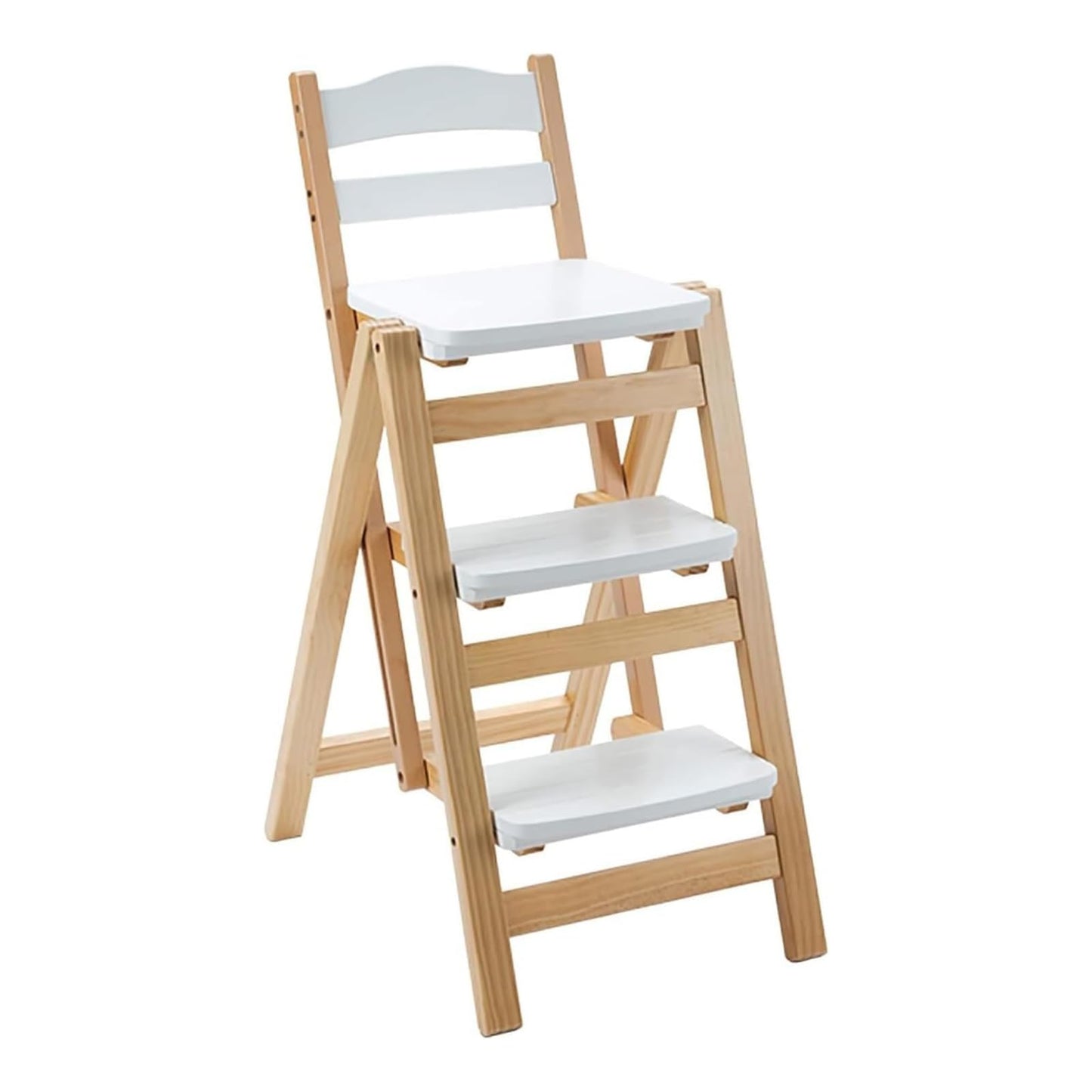 Wooden Folding Step Stool Chair, Solid Pine Wood 3-Step Ladder Stool with Seat, Multi-Purpose Step Chair for Kitchen, Home, Pantry or Bar Use(White)