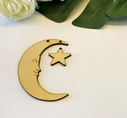 Set of 20 Crescent Moon and Star,Christmas Moon and Star Hanging Ornament for Window &Christmas Tree Decoration (Natural Wood)