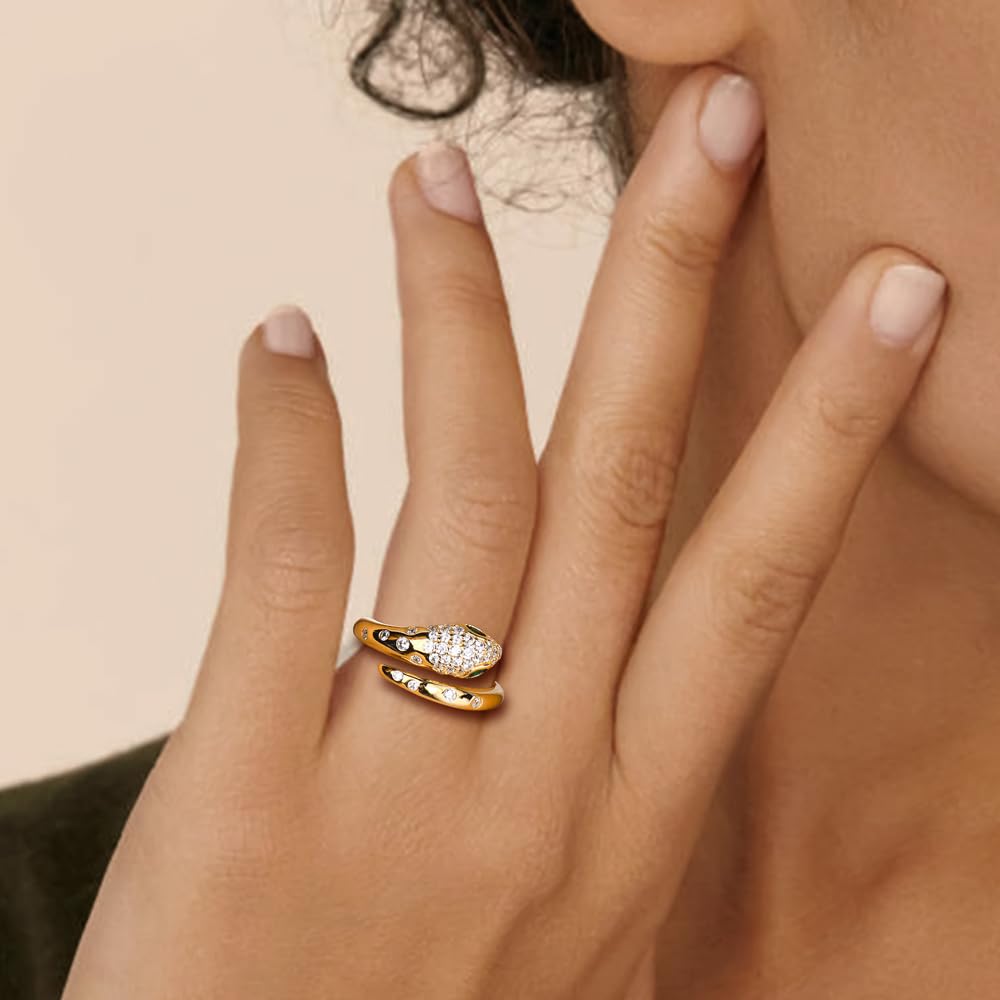 RANDES Snake Rings for Women Gothic Jewelry 925 Sterling Silver Adjudtable Statement Cocktail Ring Emerald Cz Yellow Gold Plated Ring Size 8