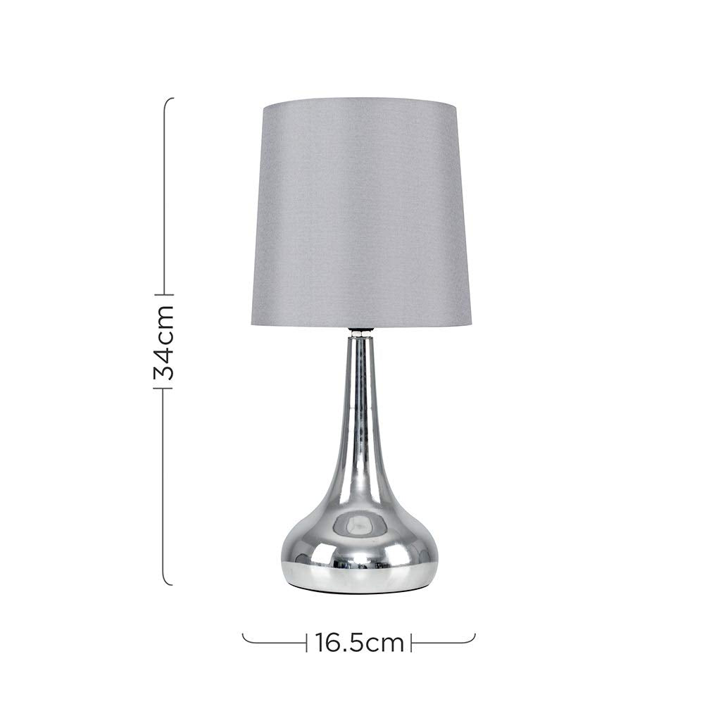 MiniSun | Modern Chrome Teardrop Touch Table Lamps with Grey Fabric Shades | Table Lamps, Home Décor & Improvement Essential | Set of 2 | Includes 5W LED Bulbs [3000K Warm White]