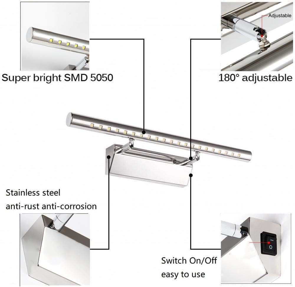 Lightess Bathroom Wall Light Led Mirror Lights with Switch 5W Bathroom Above Mirror Lamps 180° Adjust Picture Wall Lights Stainless Steel IP44 Lights for Mirror Mains Powered 6000K Cold White - 40cm