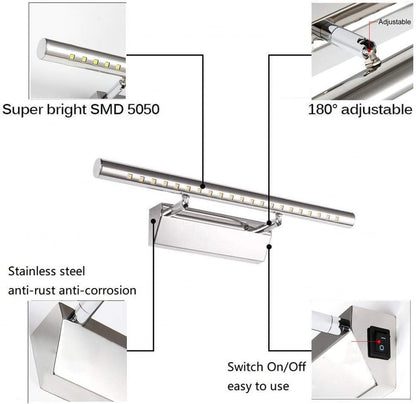 Lightess Bathroom Wall Light Led Mirror Lights with Switch 5W Bathroom Above Mirror Lamps 180° Adjust Picture Wall Lights Stainless Steel IP44 Lights for Mirror Mains Powered 6000K Cold White - 40cm