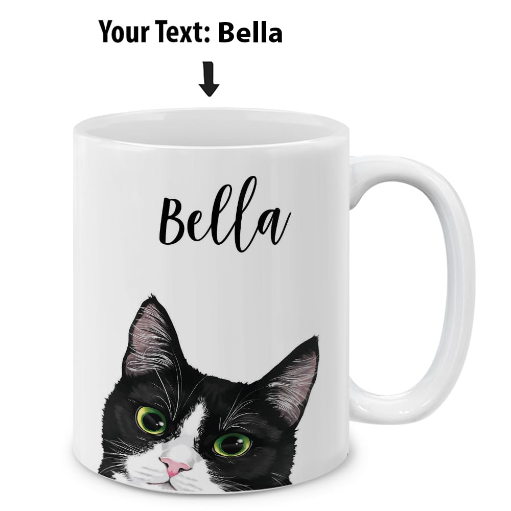 MUGBREW Personalized Coffee Mug with Your Name or Text, Customized Gifts For Christmas Birthday Anniversary, Ceramic 11 OZ Coffee Mug Tea Cup - Black White Tuxedo Cat