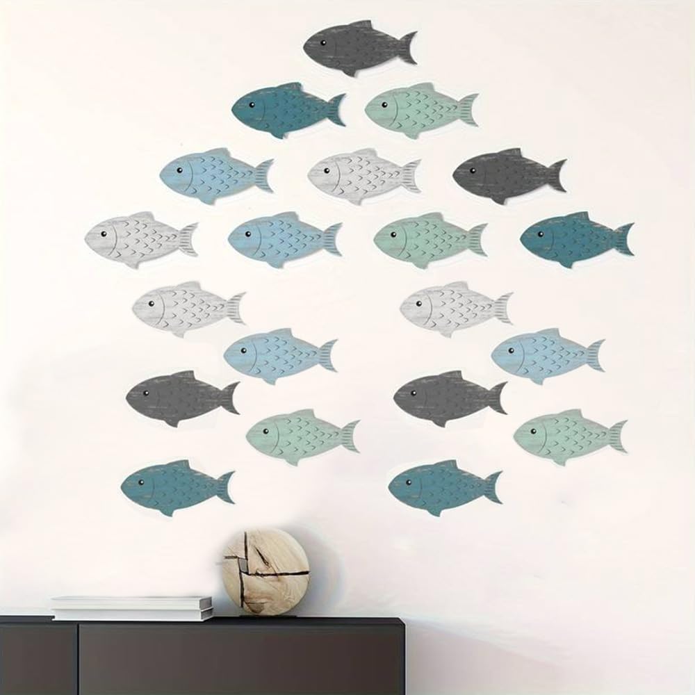 CHENSHUO Set of Wood Fish Wall Decor,Wooden Fish Wall Art,Coastal Themed Wood Fishs Walls Decoration,Beach Theme Decorations,20 Pieces.