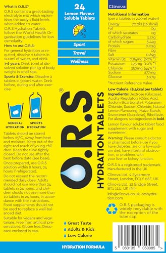 O.R.S Hydration Tablets with Electrolytes, Vegan, Gluten and Lactose Free Formula – Soluble Sports Hydration Tablets with Natural Lemon Flavour, 24 Tablets (Pack of 6 x 24)