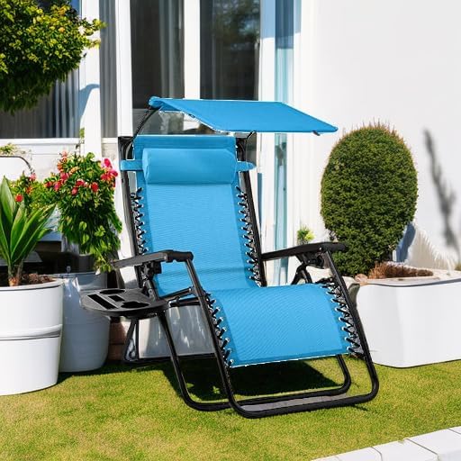 Best Choice Products Folding Zero Gravity Outdoor Recliner Patio Lounge Chair w/Adjustable Canopy Shade, Headrest, Side Accessory Tray, Textilene Mesh - Light Blue