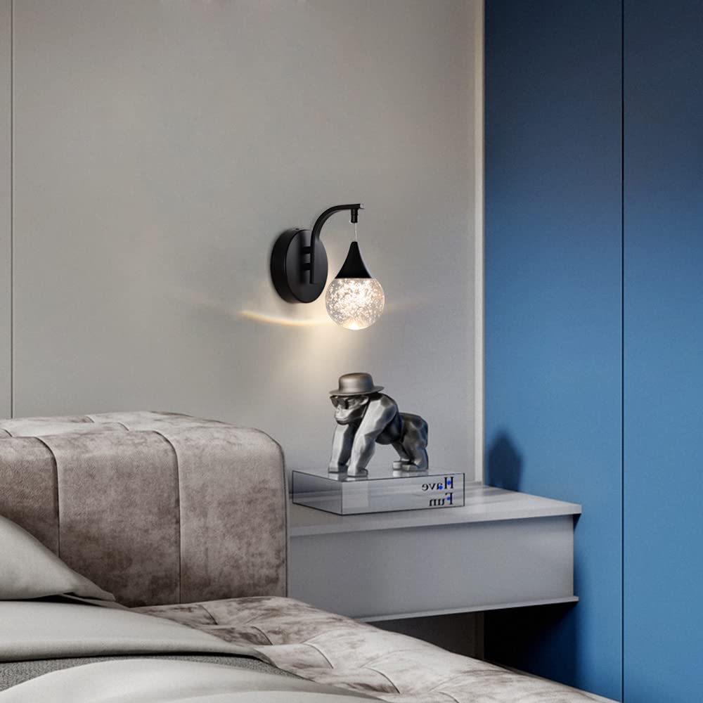 Sedelan Modern Crystal Bubble Wall Sconce, 5W Dimmable LED Wall Light Fixture, 3300K Warm White Indoor Wall Lighting, Matte Black for Bedroom Bedside Living Room Bathroom Hallway
