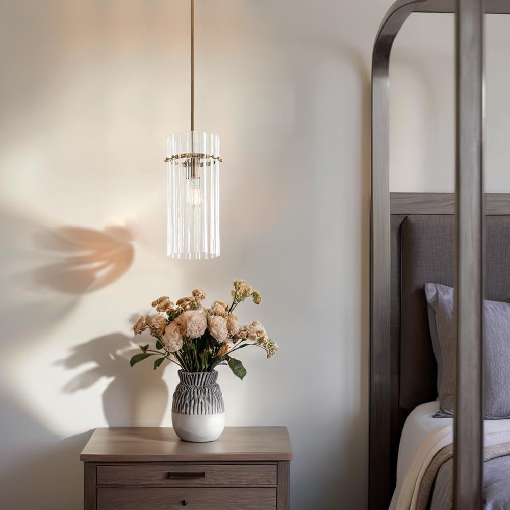 Crystal Fluted Finial Pendant Light with Tumbled Brass Finish, Crystal, Finial Details, Fluted Effect, Tumbled Brass Finish, 6.5" L x 6.5" W x 15" H
