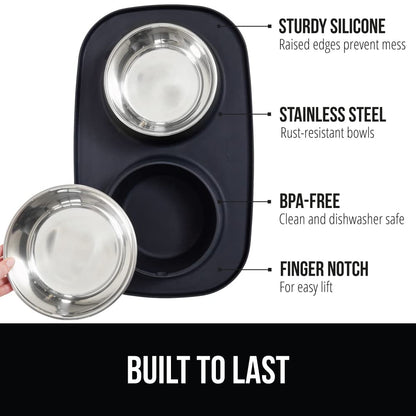 GORILLA GRIP Feeding Mat Set, 4 Cup, Patent Pending 100% Waterproof BPA Free Silicone, Stainless Steel Cat and Dog Bowls, Slip Resistant, High Edges Catch Water Food, US Designed Pet Accessories Black