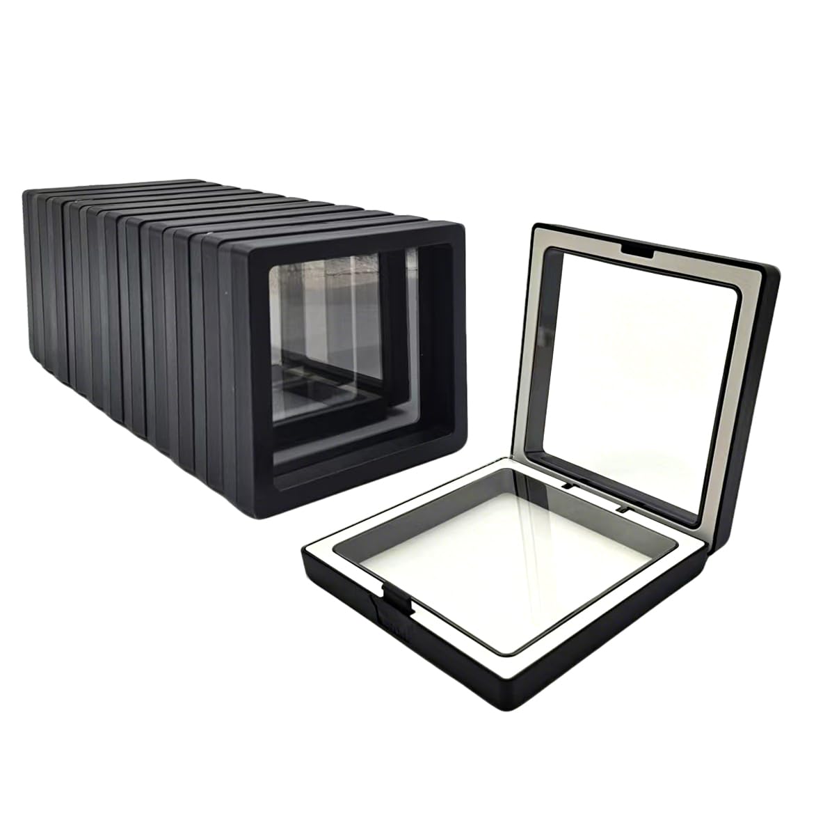 ITUTOO 12 PCS Dual-Color Packaging Box 3D Floating Frame Display Stand, Color-Matching Packaging Display Box, Transparent Window Jewelry Case, PE Film Anti-Oxidation Storage Case. (Black+White)