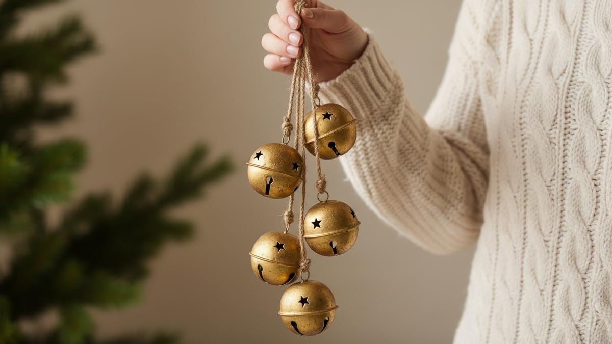 Rustic Handmade Christmas Hanging Bells for Door Chimes with Jute Rope – Farmhouse Shabby Chic Decorative Bells, Traditional Chime Bell Ghungru (18" with Rope) for Festive Home Decoration
