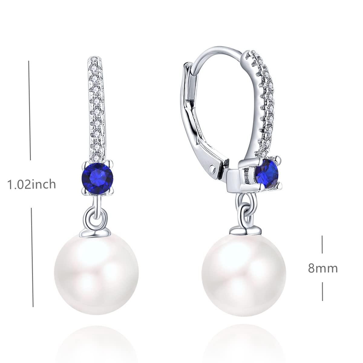 JO WISDOM Pearl Earrings,925 Sterling Silver 8mm Pearl Leverback Drop Earrings with 3A CZ September Birthstone Sapphire Color,Wedding Earrings