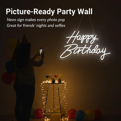 HMT Happy Birthday Neon Sign USB Powered 19.6×11.8 Inch Large LED Light Up Sign for Backdrop & Birthday Party Decor