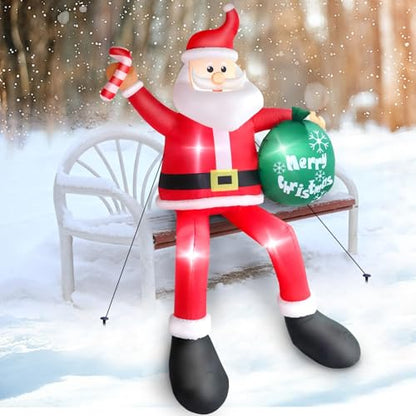 8FT Inflatable Sitting Santa Claus Christmas Outdoor Decorations, Blow Up Santa Claus with Gift Bag Sitting on Roof Wall Tree Chair, Xmas Outdoor/Indoor Decorations for Street House Patio Bench Shrubs