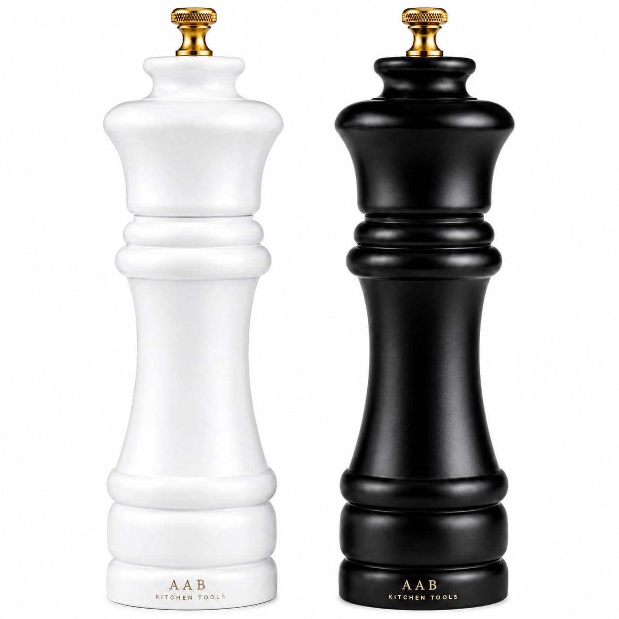 AAB Kitchen Tools Wooden Black and White Manual Refillable Large Salt and Pepper Grinder Set, Shaker with Adjustable Ceramic Grinding Mechanism for Customized Coarseness, 8 Inches, Pack of 2
