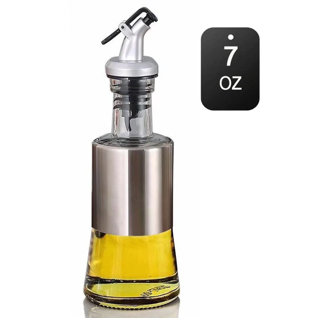 Mincham Olive Oil Dispenser Bottle 7oz(200ml), Oil Dispenser Bottle for Kitchen, Premium Glass Stainless Steel Oil and Vinegar Cruet, with Spout and Pouring Funnel, No-drip Oil Bottle