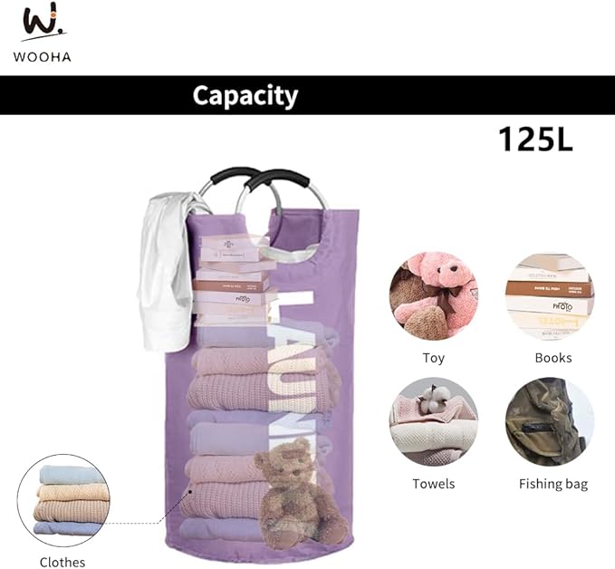WOOHA 125L Large laundry basket, Collapsible laundry hamper, Tall Clothes