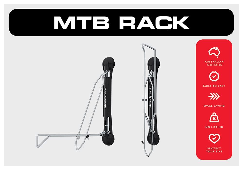 Steadyrack Bike Rack – Pivoting Mountain Bike Rack, Holds Up to 77 lbs, Fits 24"-29" Wheels, 2.1"-2.8" Tires, Foldable Wall Mount for Space-Saving Bicycle Storage - 2 Pack