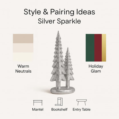 iStatue Sparkle Pine Trees, 7" Resin Tabletop Figurine Double Glitter Trees on One Base Indoor Christmas Decoration, Modern Mantel/Bookshelf Décor (Silver)