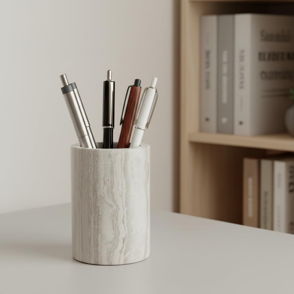 EEJHJNZZ Natural Marble Pen Holder for Desk, Handmade Organizer for Stationery & Makeup Brushes, Sturdy, Classic Grey Office Desk Decor and Gift Idea