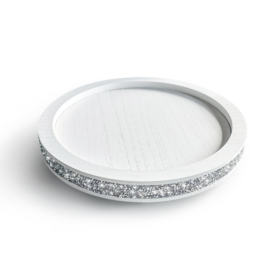 12 inch Round Wood Tray, Acrylic Diamond Decoration, Decorative Tray for Living Room, Coffee Table or Kitchen Table Service Tray, White
